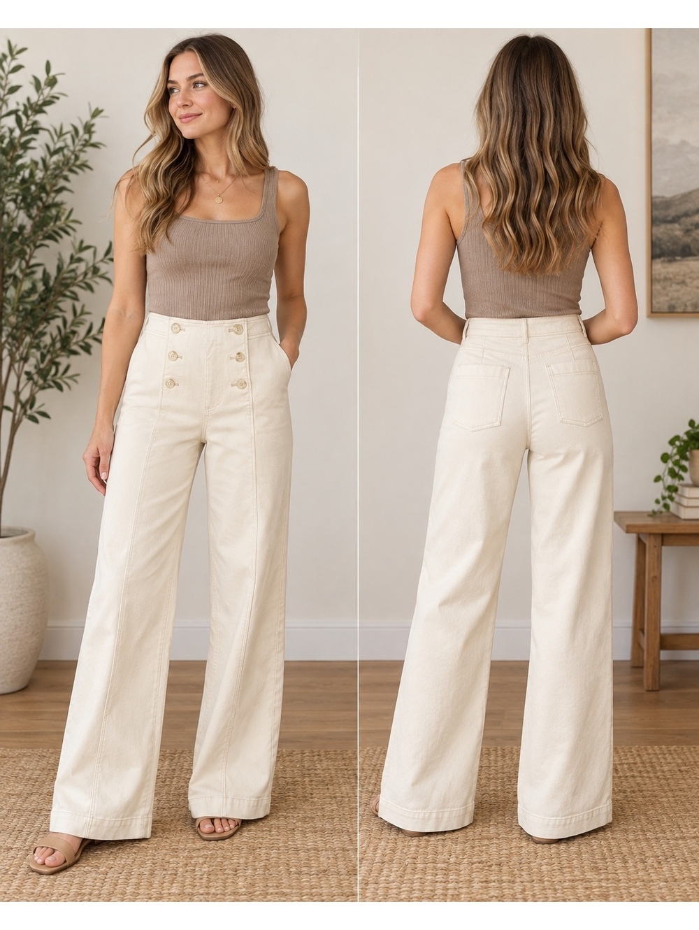 High Rise Wide Leg Sailor Pants Cream Double Button Front LOFT Size 25/0